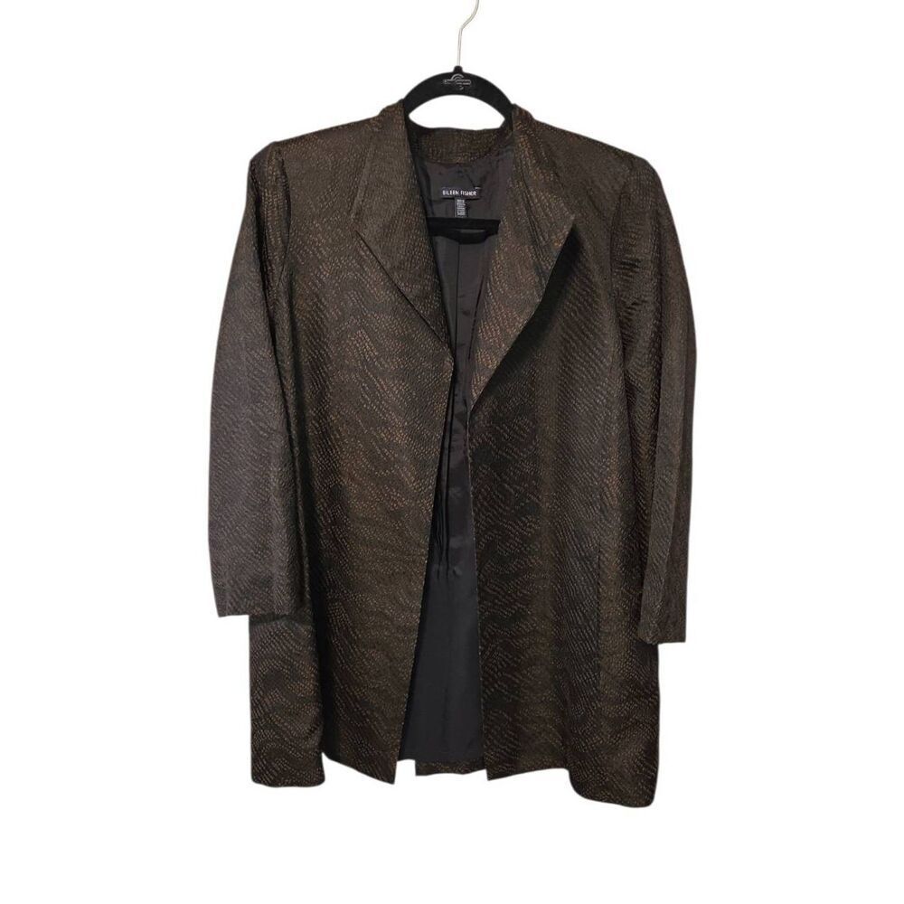 EILEEN FISHER Silk Blend Open Front Longline Jacket Blazer Bronze Black Sz L